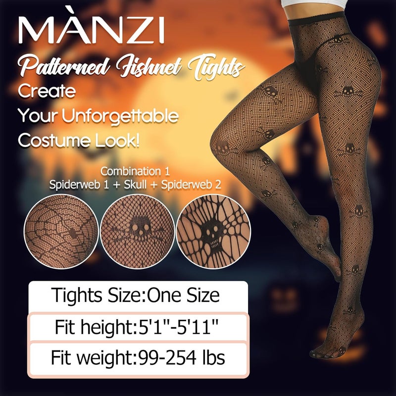 MANZI Patterned Fishnet Tights for Women 3 Pairs Pattern Fishnet Stockings Spiderweb Halloween Tights - Image 2